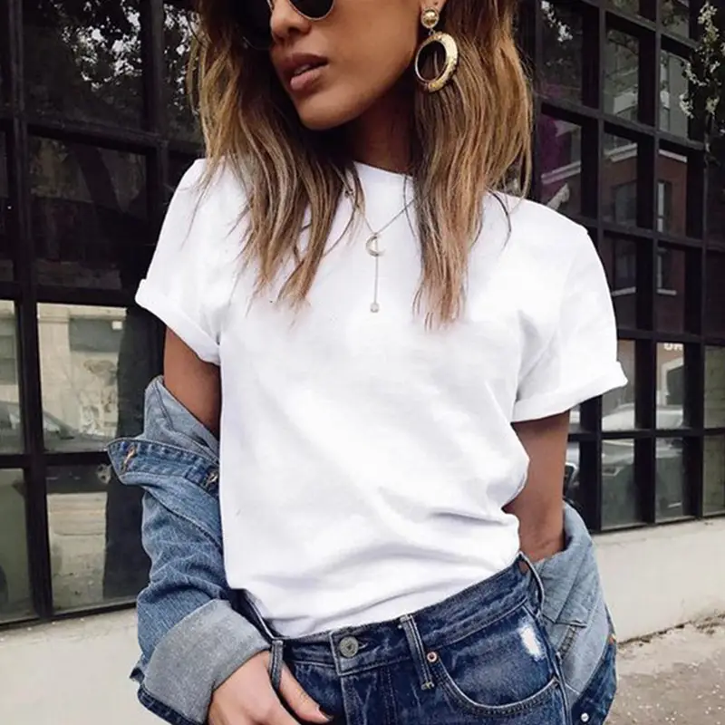 Women Black Cotton T-Shirt Short Sleeve Spring Summer - Image 12