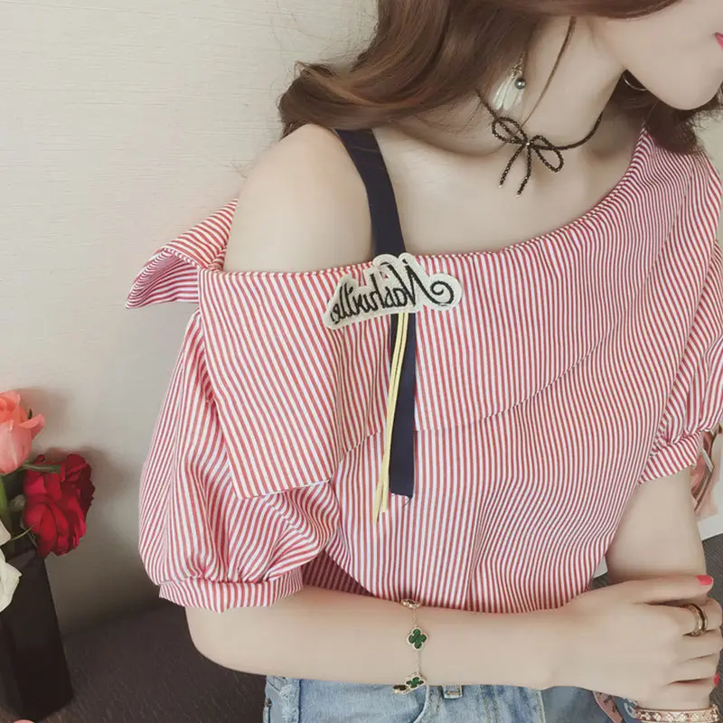 Women Open Shoulder Striped T-Shirt 2019 Summer - Image 4