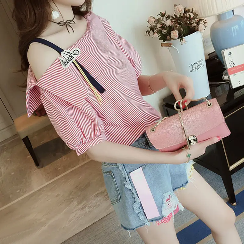 Women Open Shoulder Striped T-Shirt 2019 Summer - Image 5