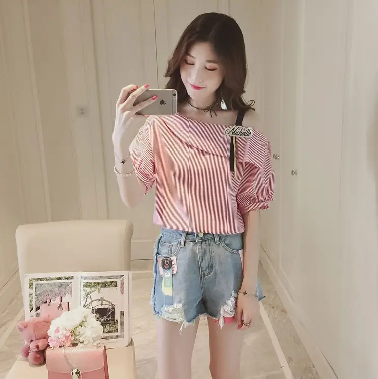 Women Open Shoulder Striped T-Shirt 2019 Summer - Image 6