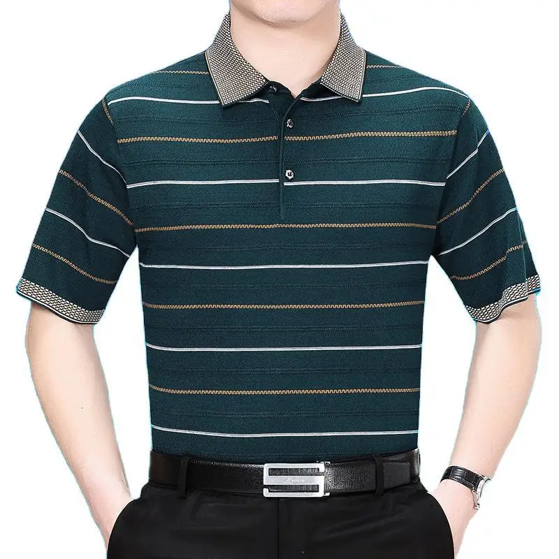 Men's 2019 Striped Polo Shirt Dark Green - Image 6