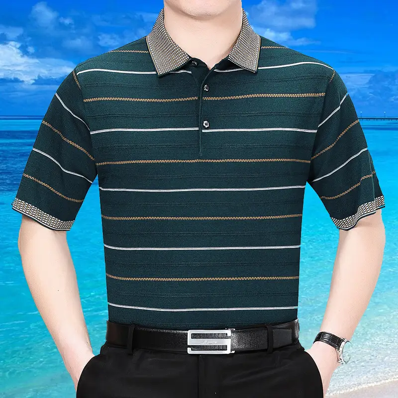 Men's 2019 Striped Polo Shirt Dark Green - Image 2