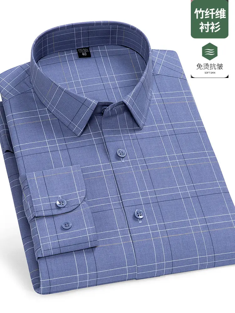 Spring Cotton Plaid Shirt for Men Light Blue - Image 30