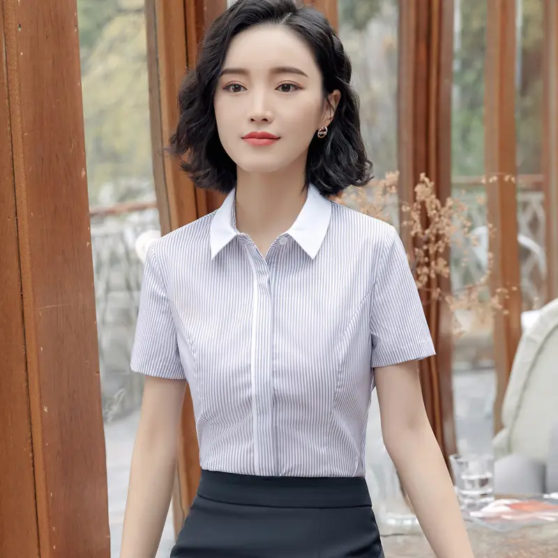 Women Short Sleeve Striped Business Shirt White