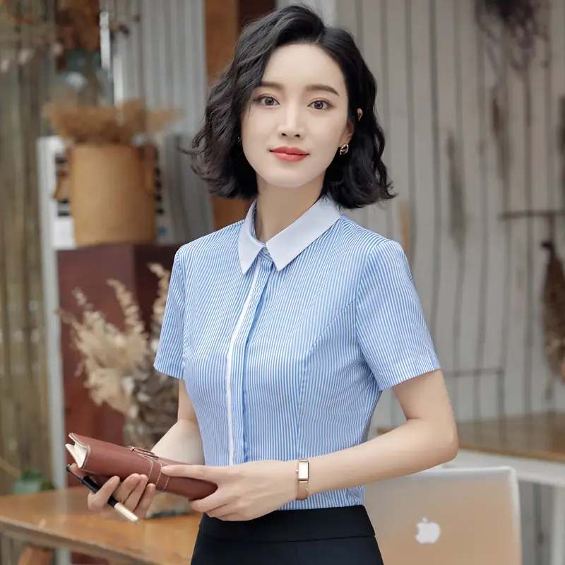 Women Short Sleeve Striped Business Shirt White