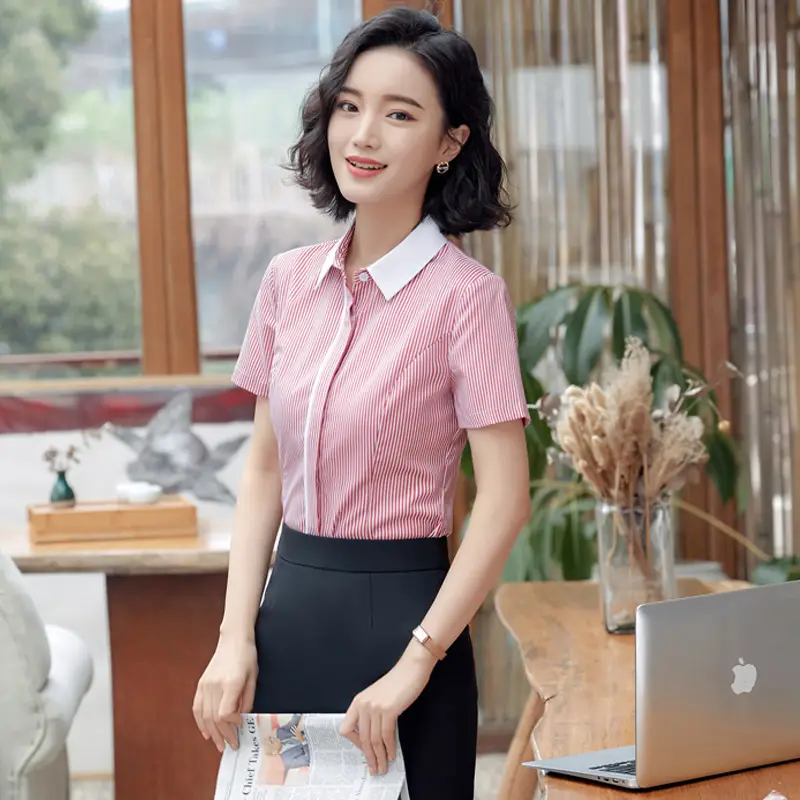 Women Short Sleeve Striped Business Shirt White