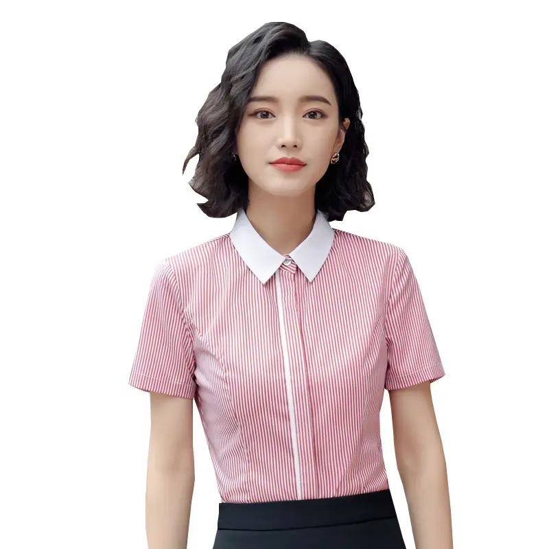 Women Short Sleeve Striped Business Shirt White