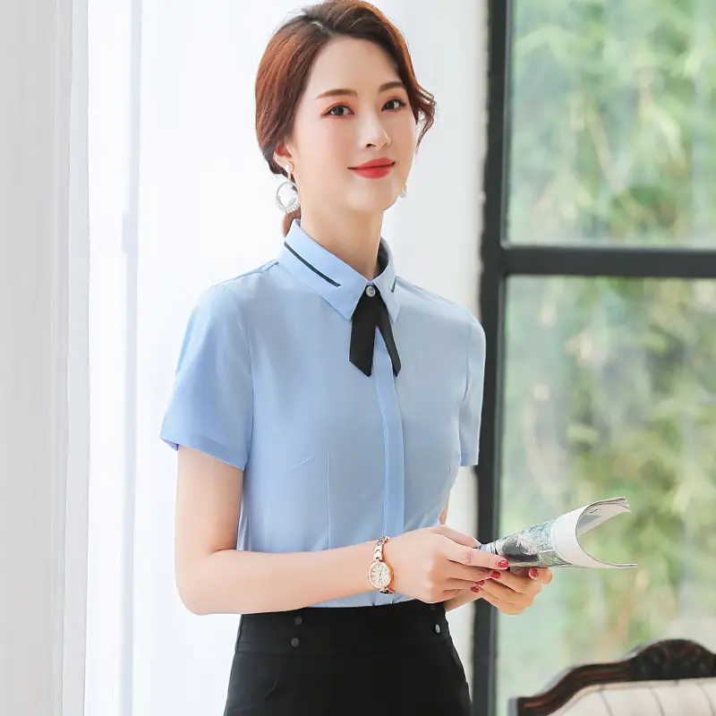 Women Short Sleeve Striped Business Shirt White