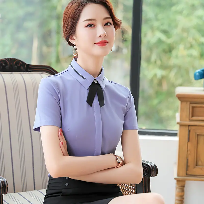 Women Short Sleeve Striped Business Shirt White