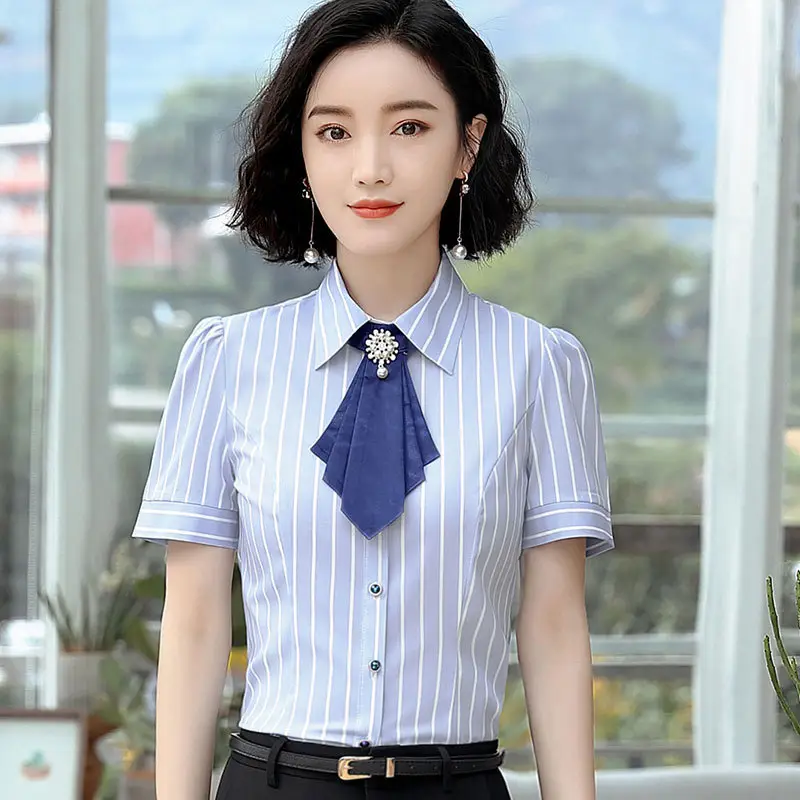 Women Short Sleeve Striped Business Shirt White
