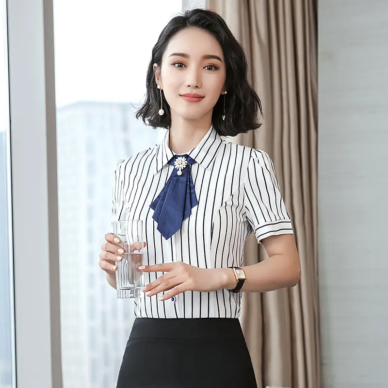 Women Short Sleeve Striped Business Shirt White