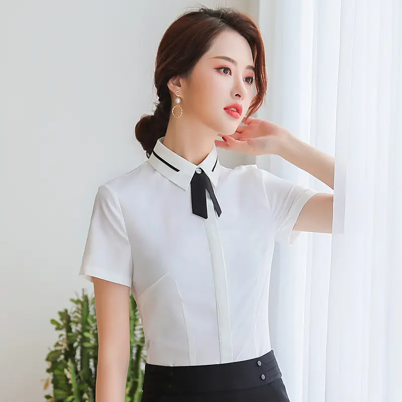 Women Short Sleeve Striped Business Shirt White