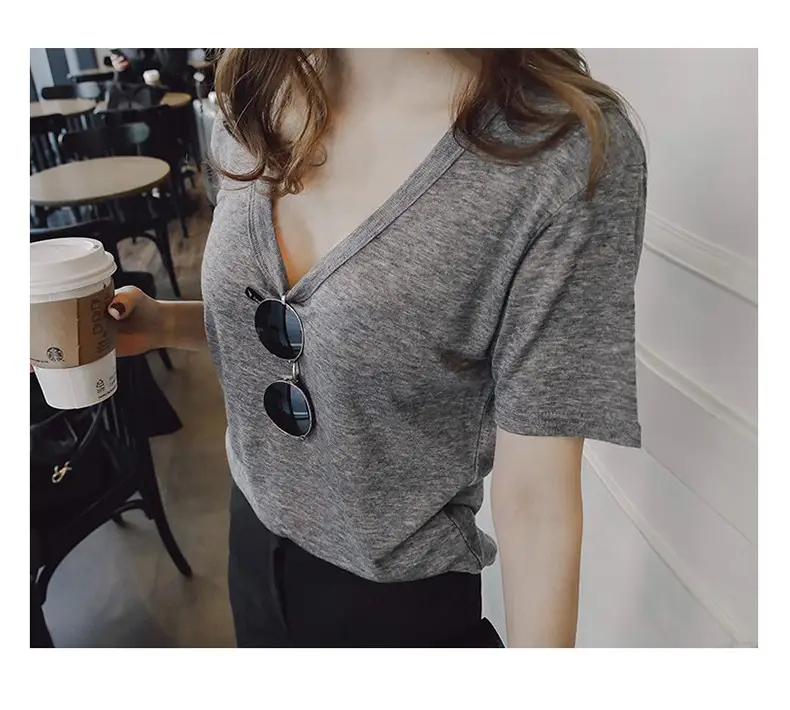 Women V-Neck Coffee T-Shirt Low Cut Short Sleeve — feature 10