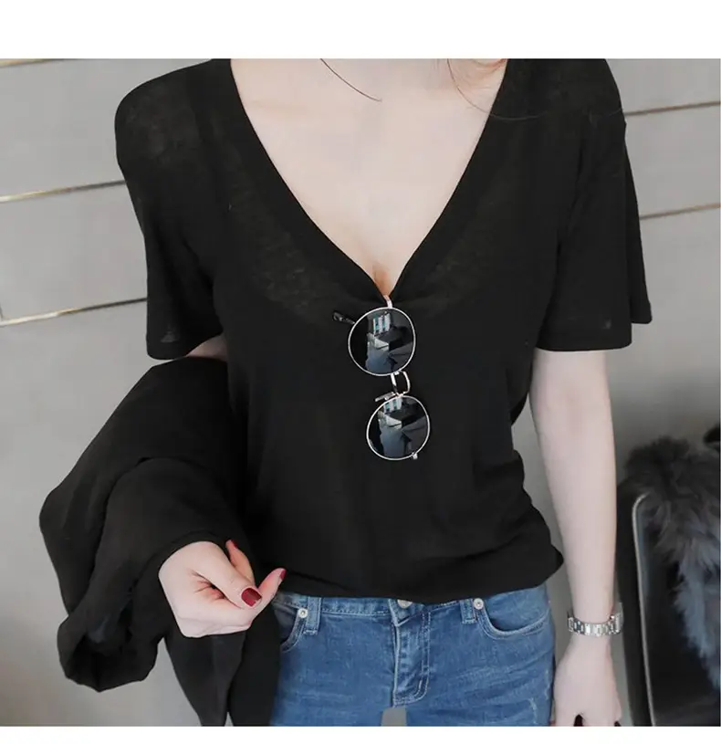 Women V-Neck Coffee T-Shirt Low Cut Short Sleeve — feature 11