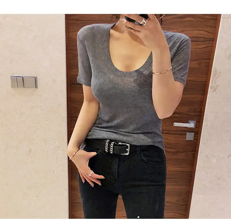Women V-Neck Coffee T-Shirt Low Cut Short Sleeve — feature 5