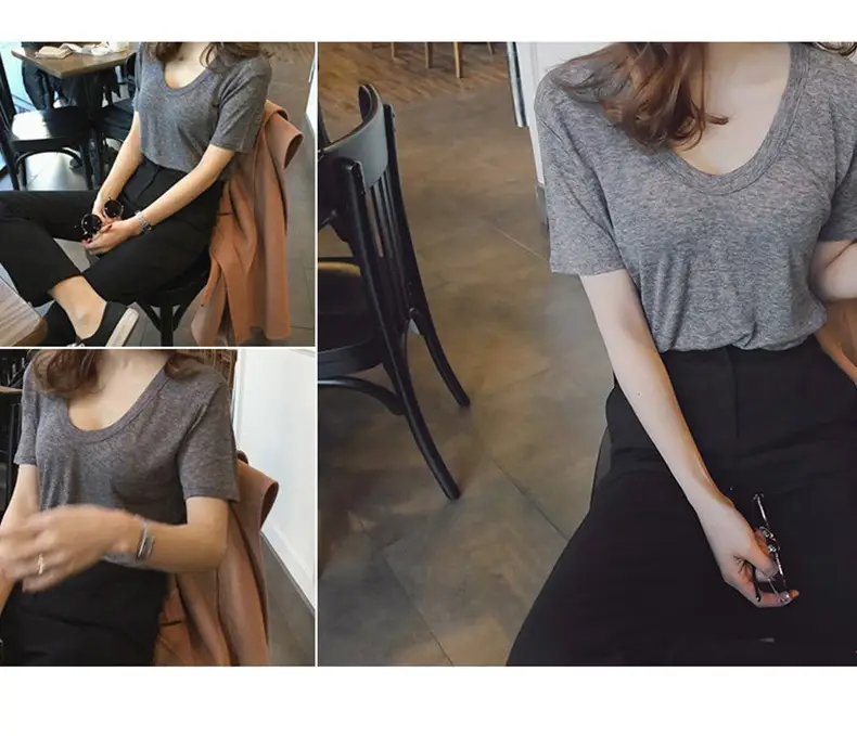 Women V-Neck Coffee T-Shirt Low Cut Short Sleeve — feature 9