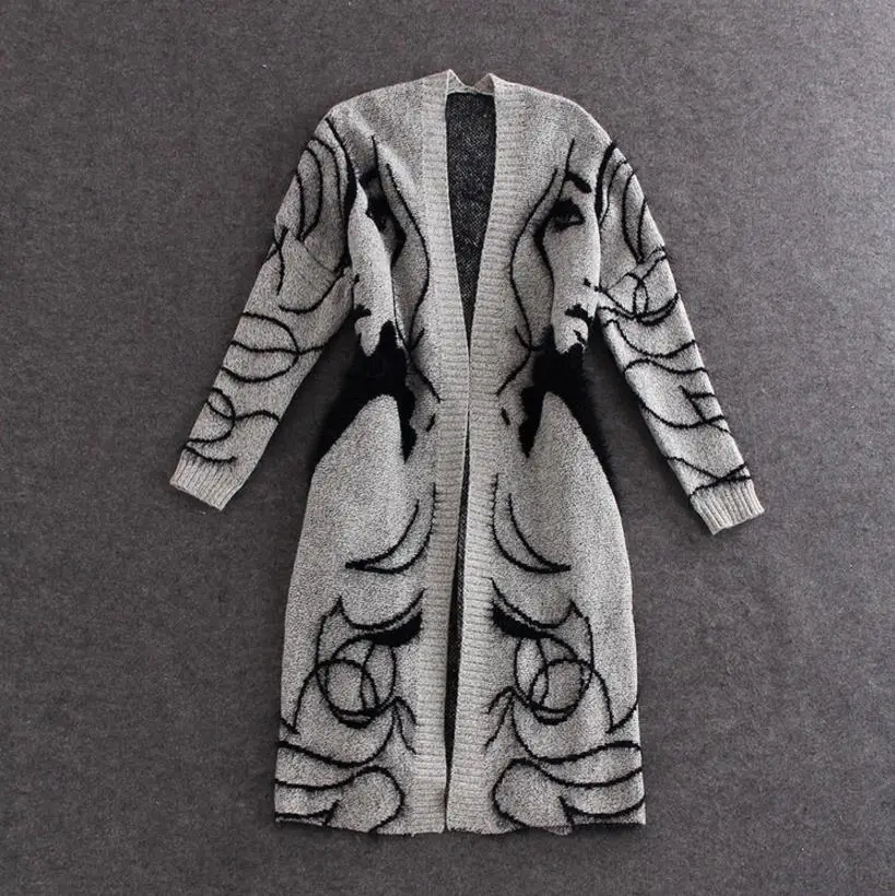 Women's Grey Rose Print Long Sweater Coat Autumn V-Neck - Image 4