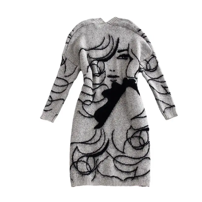 Women's Grey Rose Print Long Sweater Coat Autumn V-Neck - Image 5