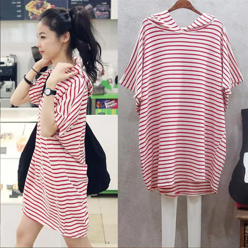 Korean Women Hooded Striped T-Shirt Skirt Set - Image 3
