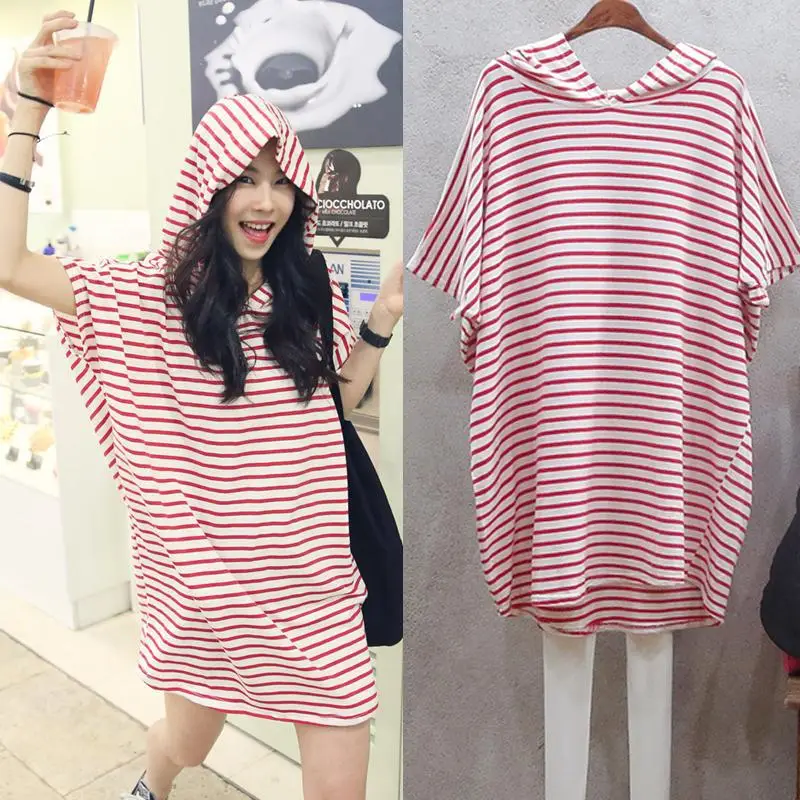 Korean Women Hooded Striped T-Shirt Skirt Set - Image 4