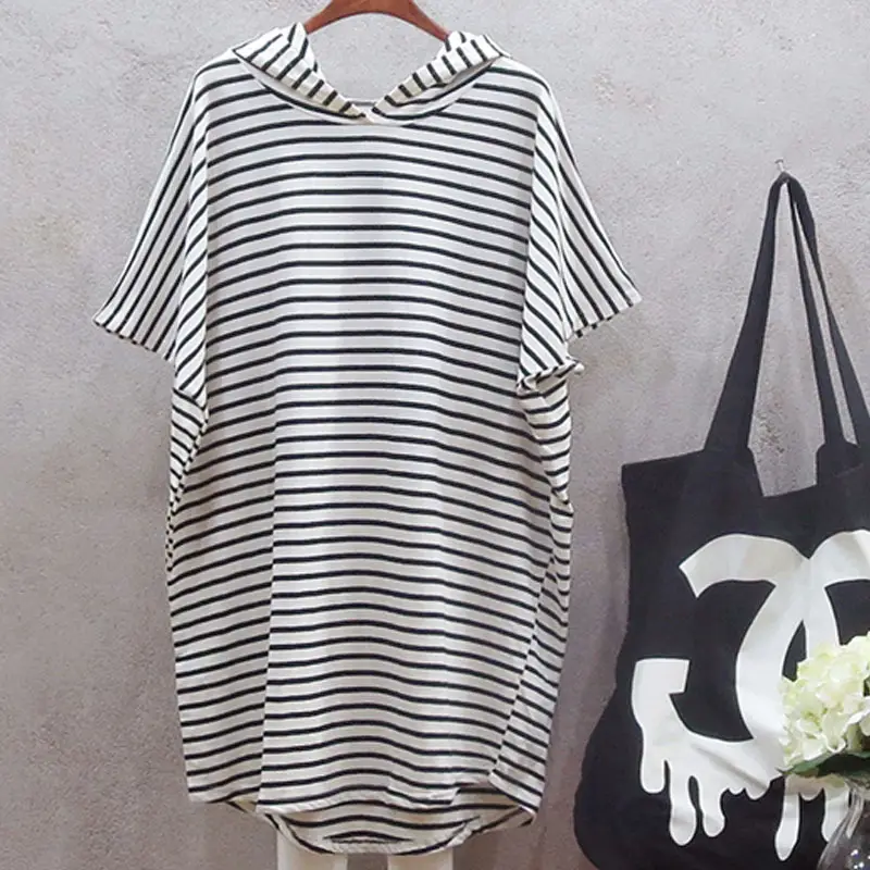 Korean Women Hooded Striped T-Shirt Skirt Set - Image 2