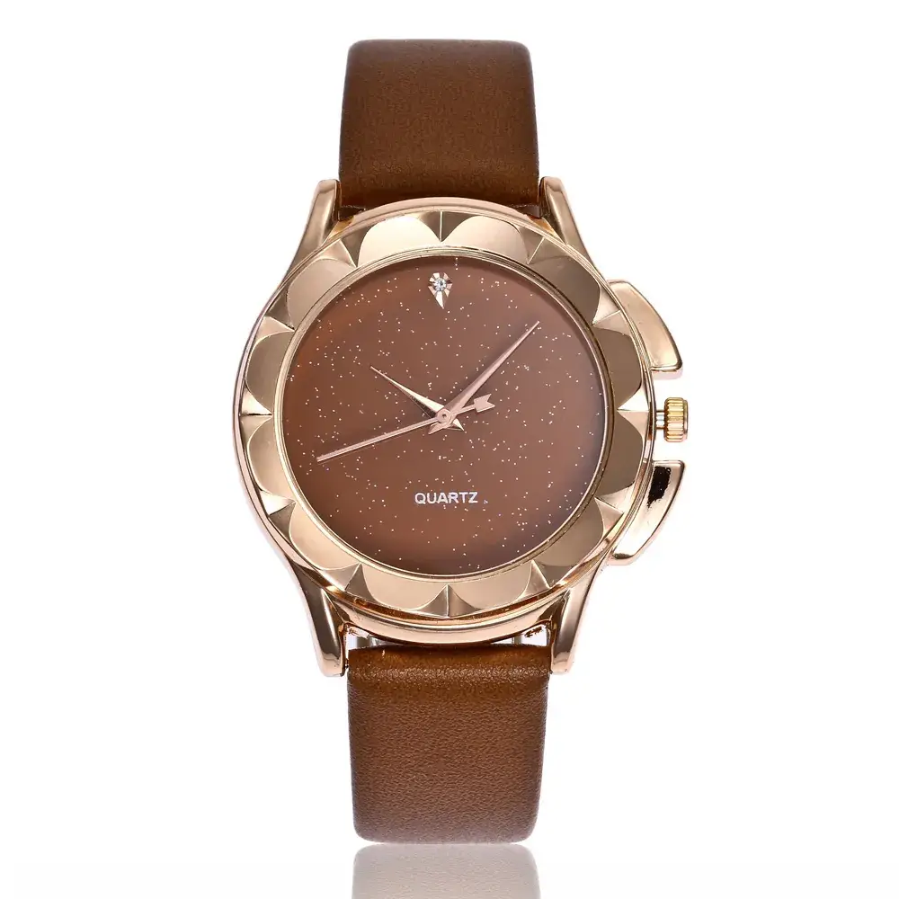 Women's Quartz Watch Brown Leather Belt Gold Dial - Image 11