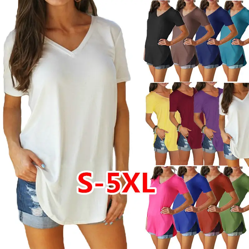 2025 Plus Size V Neck T-Shirt White 8 Sizes