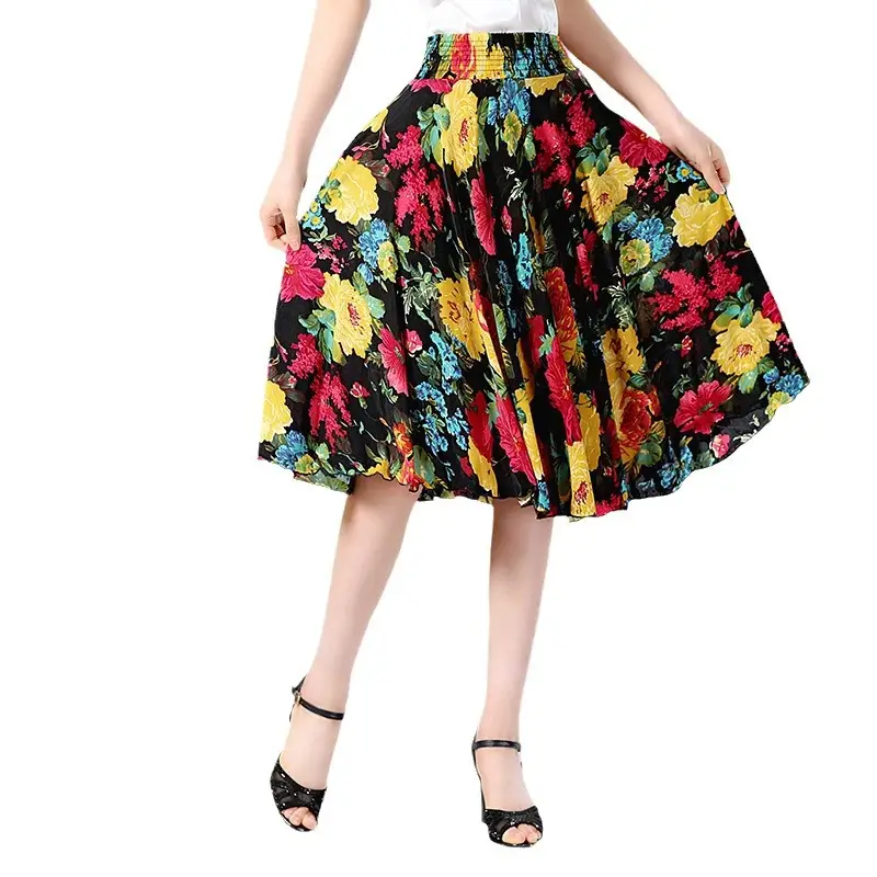 Black Floral Middle Skirt for Women Summer Wear