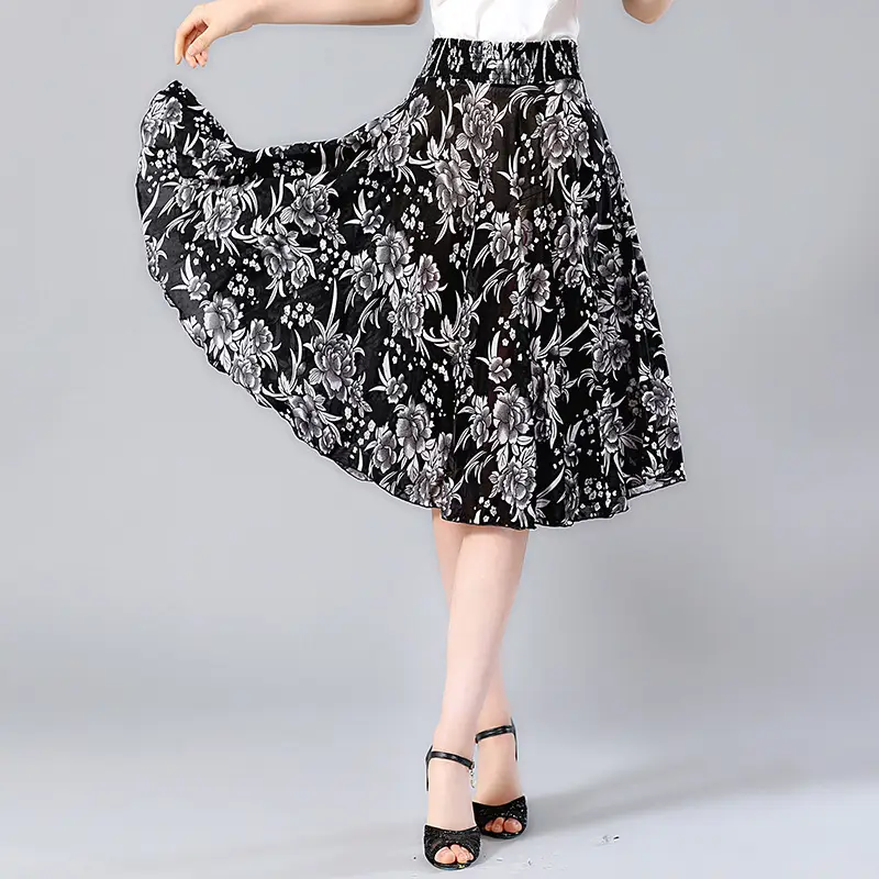 Black Floral Middle Skirt for Women Summer Wear