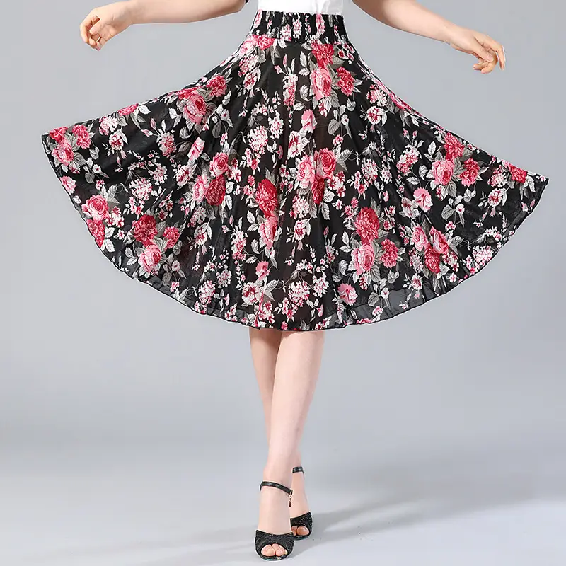 Black Floral Middle Skirt for Women Summer Wear