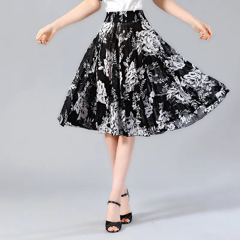 Black Floral Middle Skirt for Women Summer Wear