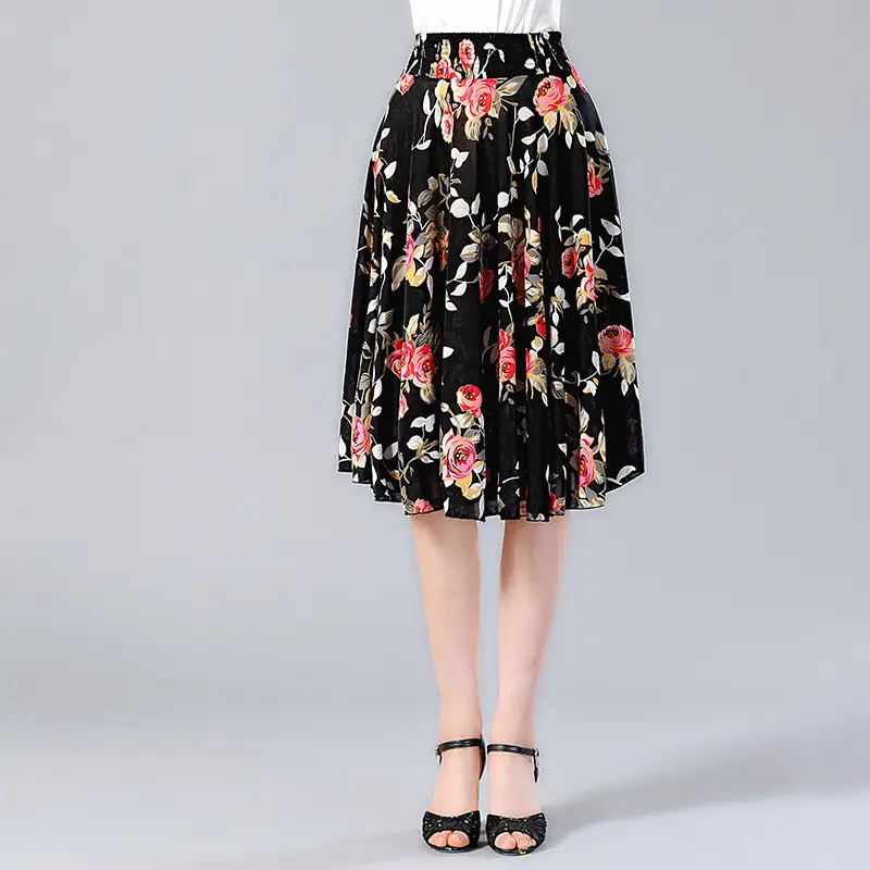 Black Floral Middle Skirt for Women Summer Wear