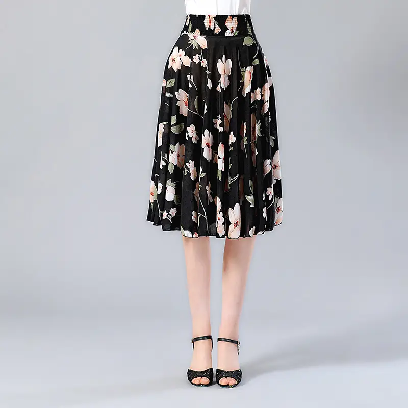 Black Floral Middle Skirt for Women Summer Wear