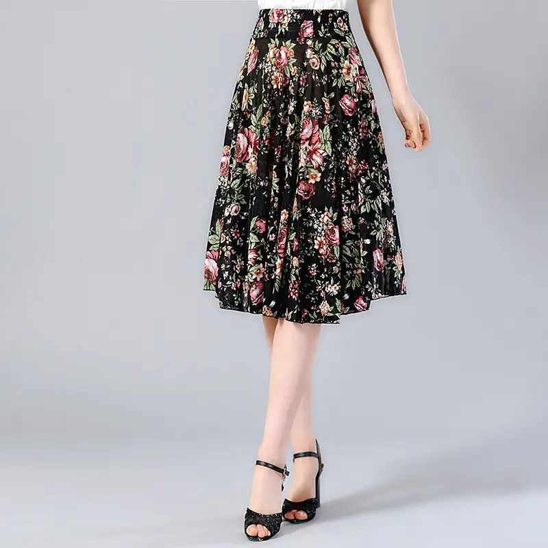 Black Floral Middle Skirt for Women Summer Wear