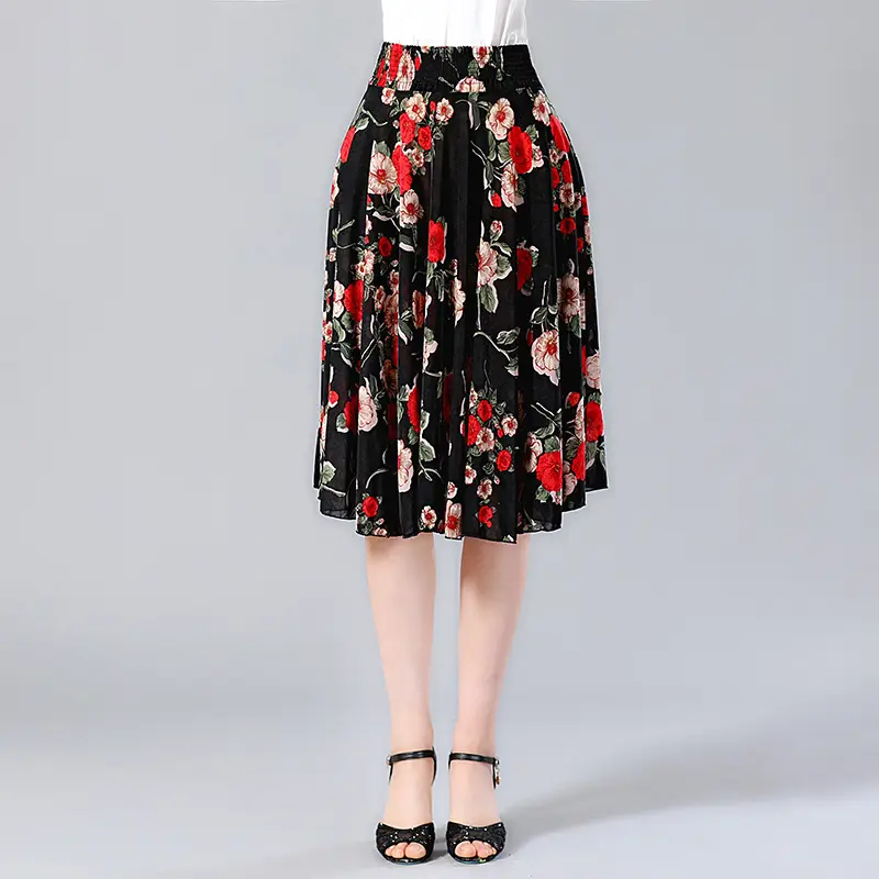 Black Floral Middle Skirt for Women Summer Wear