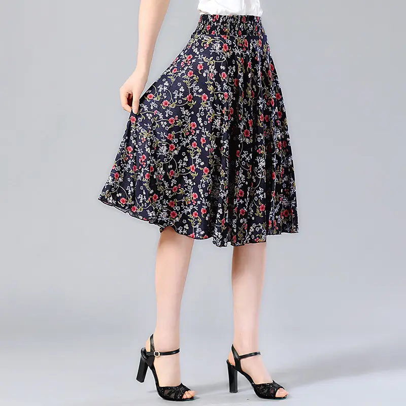 Black Floral Middle Skirt for Women Summer Wear