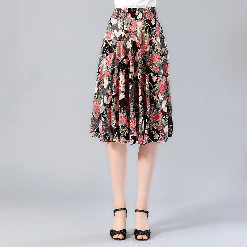 Black Floral Middle Skirt for Women Summer Wear