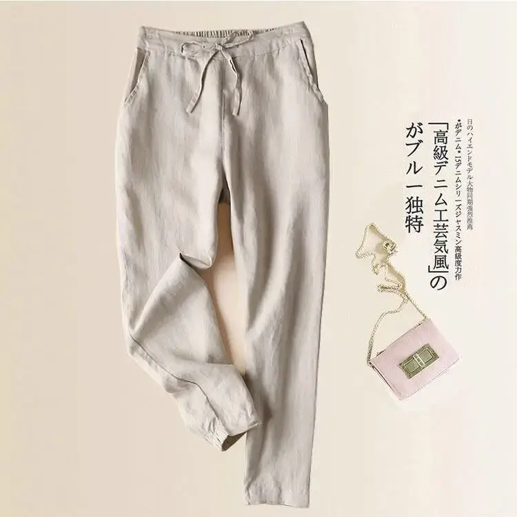 Women Linen Slim Fit Pants Large Black Casual