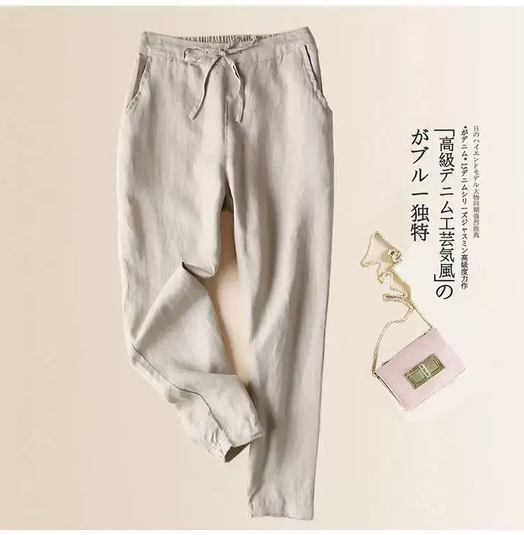 Women Linen Slim Fit Pants Large Black Casual — feature 1