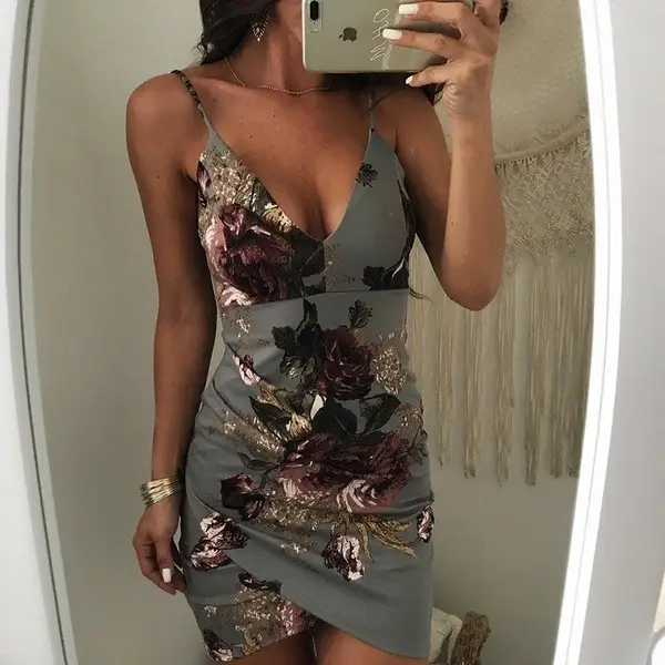 Women's Printed V-Neck Slim Fit Dress Navy Floral - Image 6