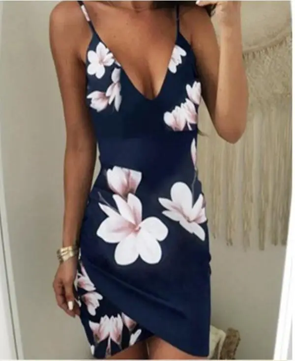 Women's Printed V-Neck Slim Fit Dress Navy Floral - Image 2