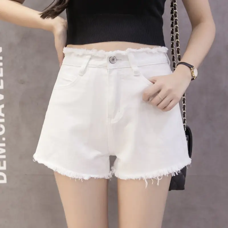 Denim Shorts Women Black High Waist Raw Edge Tassel