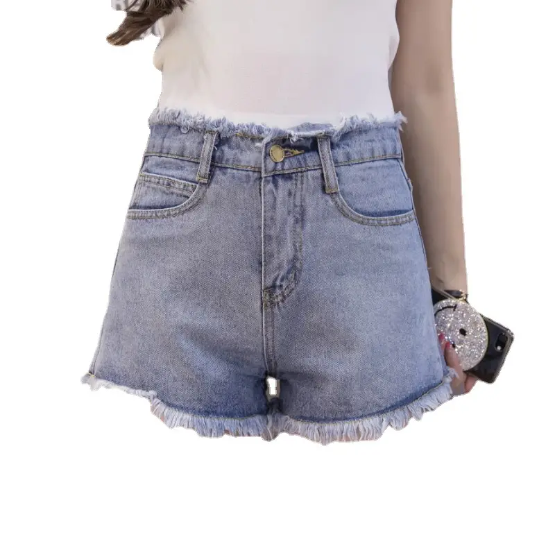 Denim Shorts Women Black High Waist Raw Edge Tassel