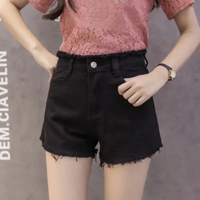 Denim Shorts Women Black High Waist Raw Edge Tassel — feature 22