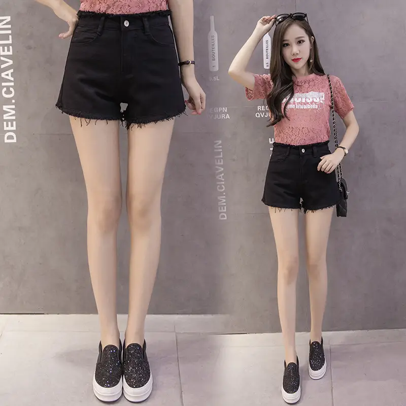 Denim Shorts Women Black High Waist Raw Edge Tassel — feature 25