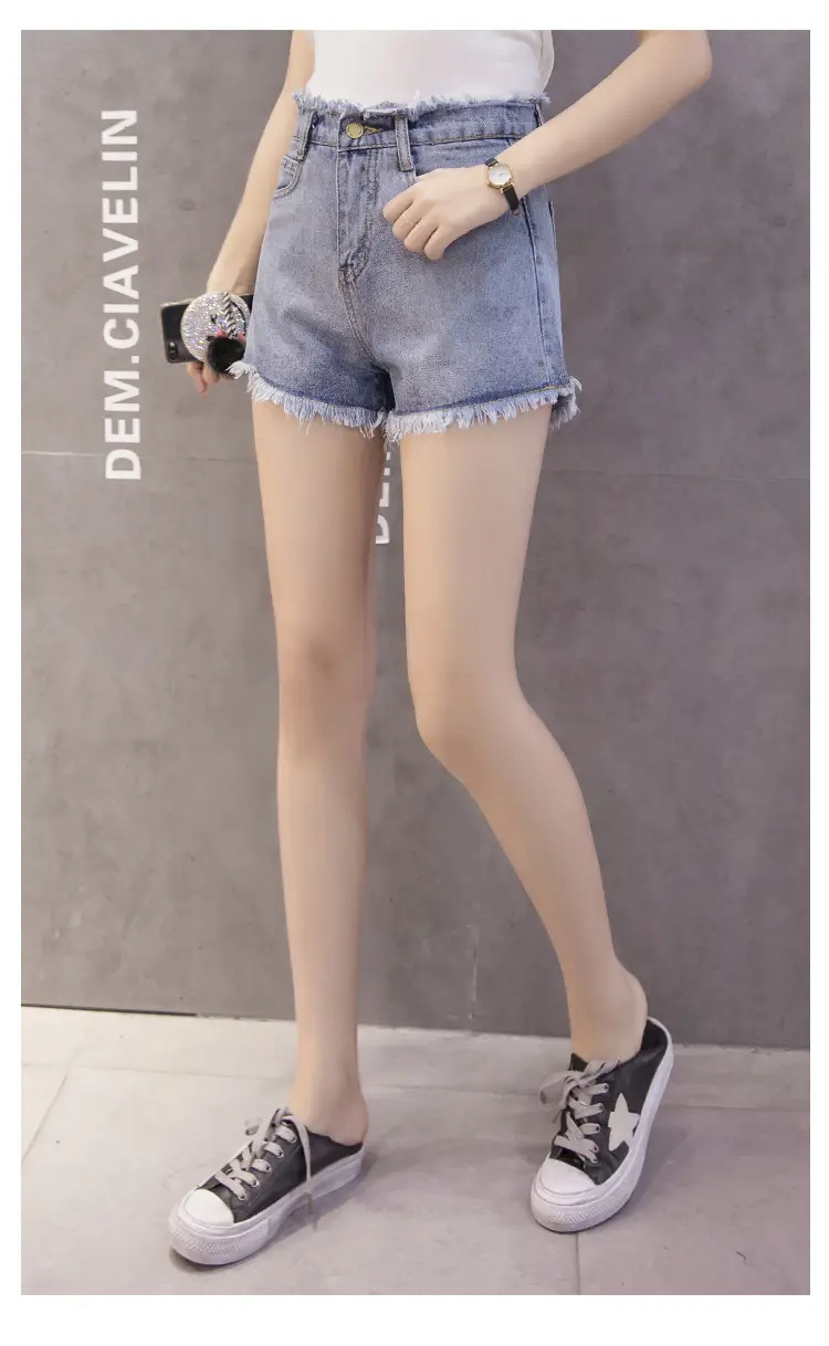 Denim Shorts Women Black High Waist Raw Edge Tassel — feature 42