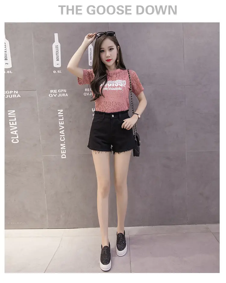 Denim Shorts Women Black High Waist Raw Edge Tassel — feature 45