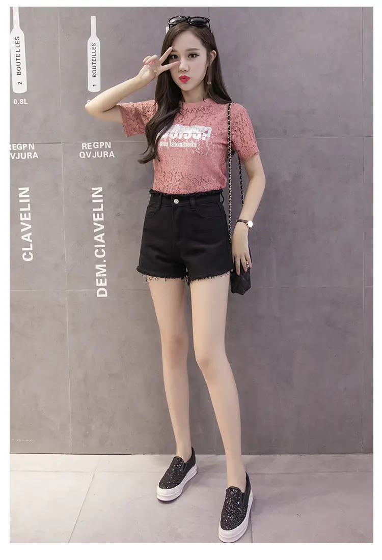 Denim Shorts Women Black High Waist Raw Edge Tassel — feature 46