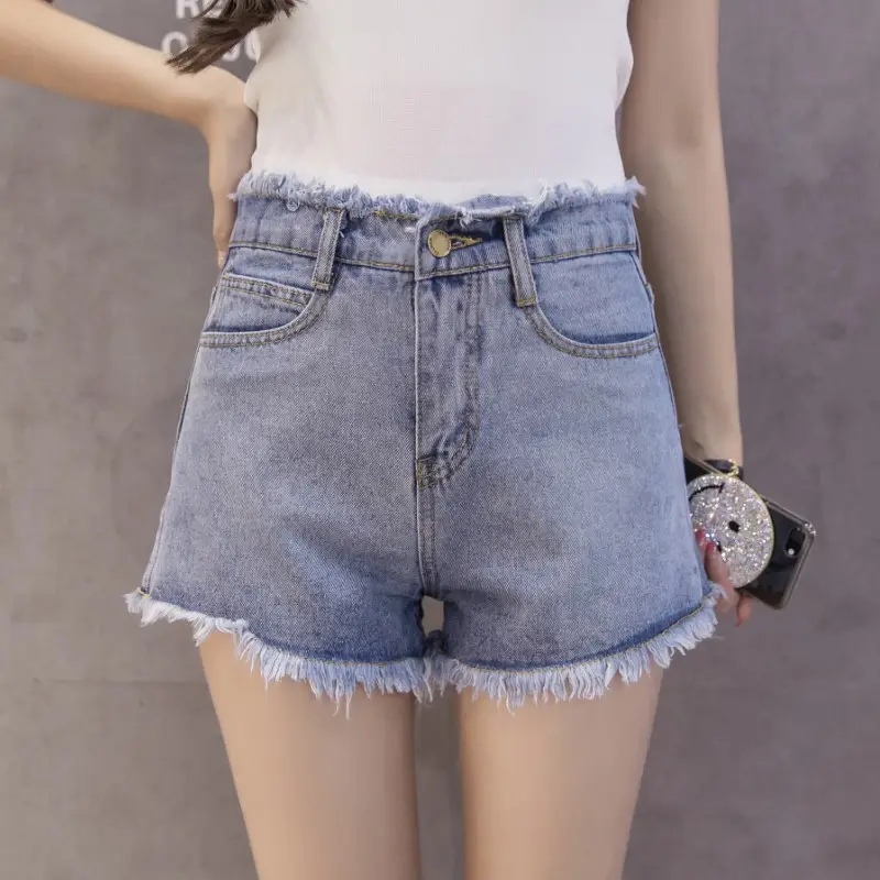 Denim Shorts Women Black High Waist Raw Edge Tassel