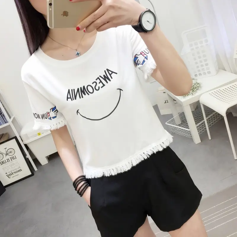 2025 Summer T-Shirt White Smiley Face Short Sleeve - Image 3